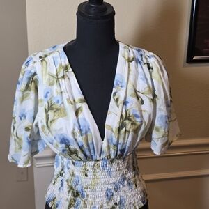 Abercrombie & Fitch White Floral V-Neck Smocked Waist Top - Blue & Green Print